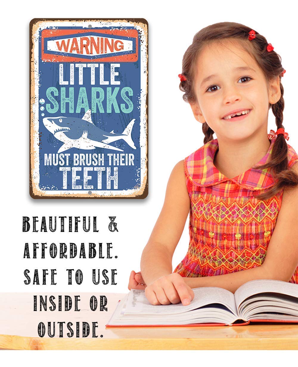 Little Sharks Brush Teeth Wall Art - Durable Rustic Metal Sign