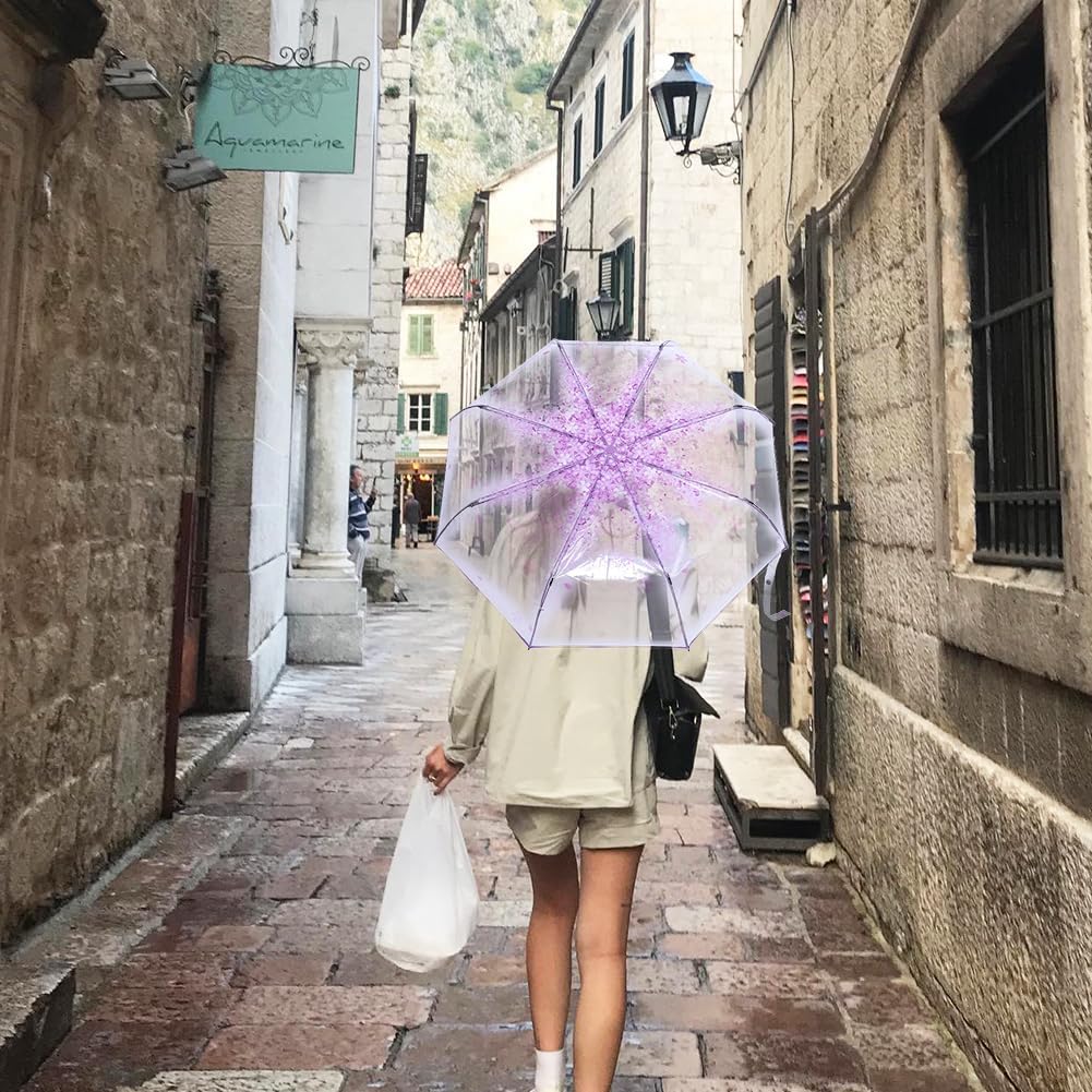 Tiiyee Clear Folding Purple Cherry Blossom Umbrella for Women Girls Kids