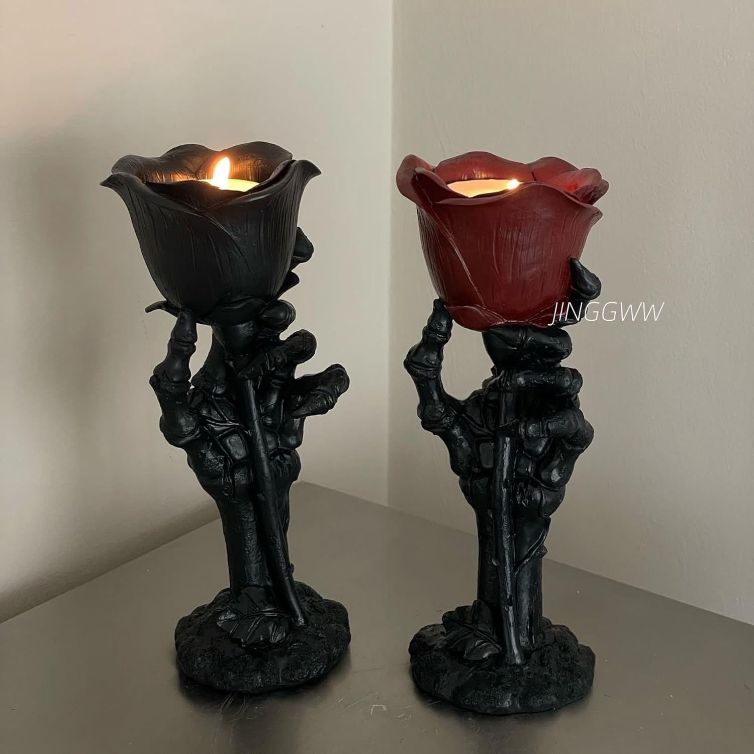 Vintage Red Rose Black Candlestick Holder 1