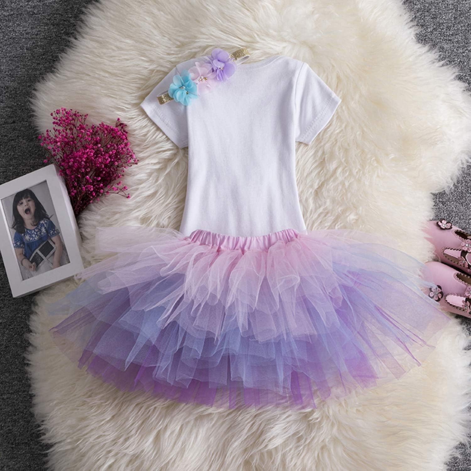 NEWEPIE Rainbow Unicorn Baby Birthday Costume 3pcs Set