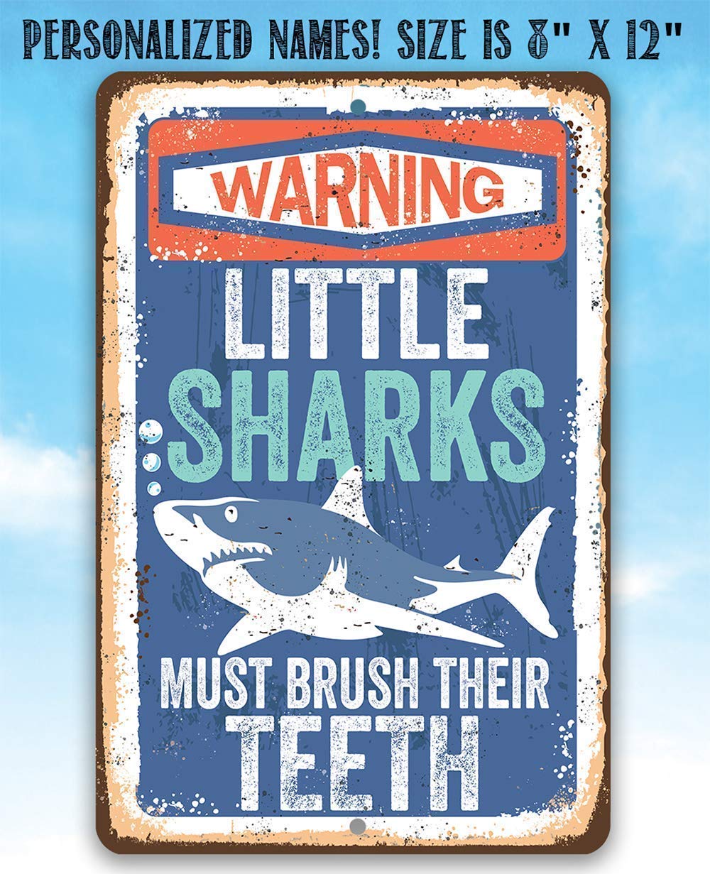 Little Sharks Brush Teeth Wall Art - Durable Rustic Metal Sign