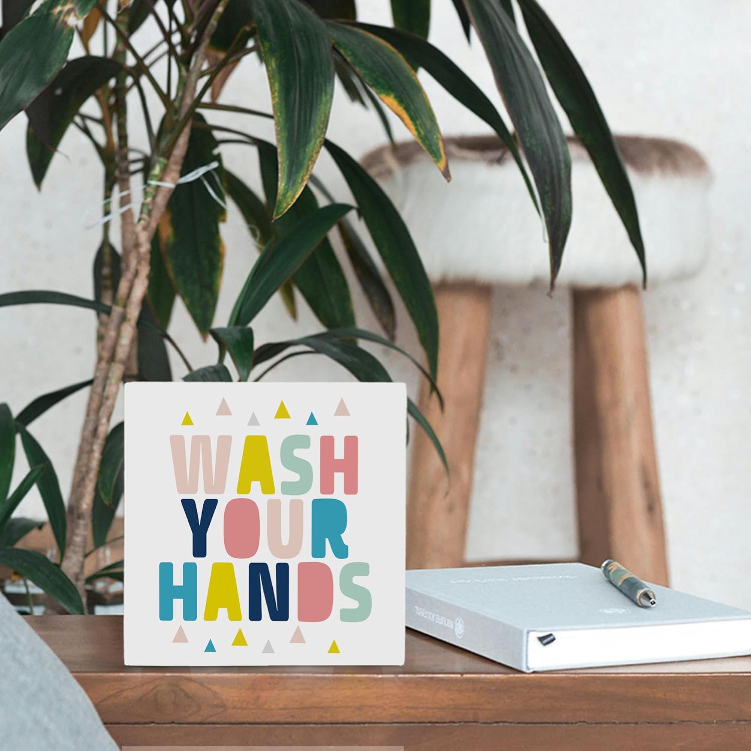 Wooden Hands Wash Sign for Kids Bathroom Decor 5x5
