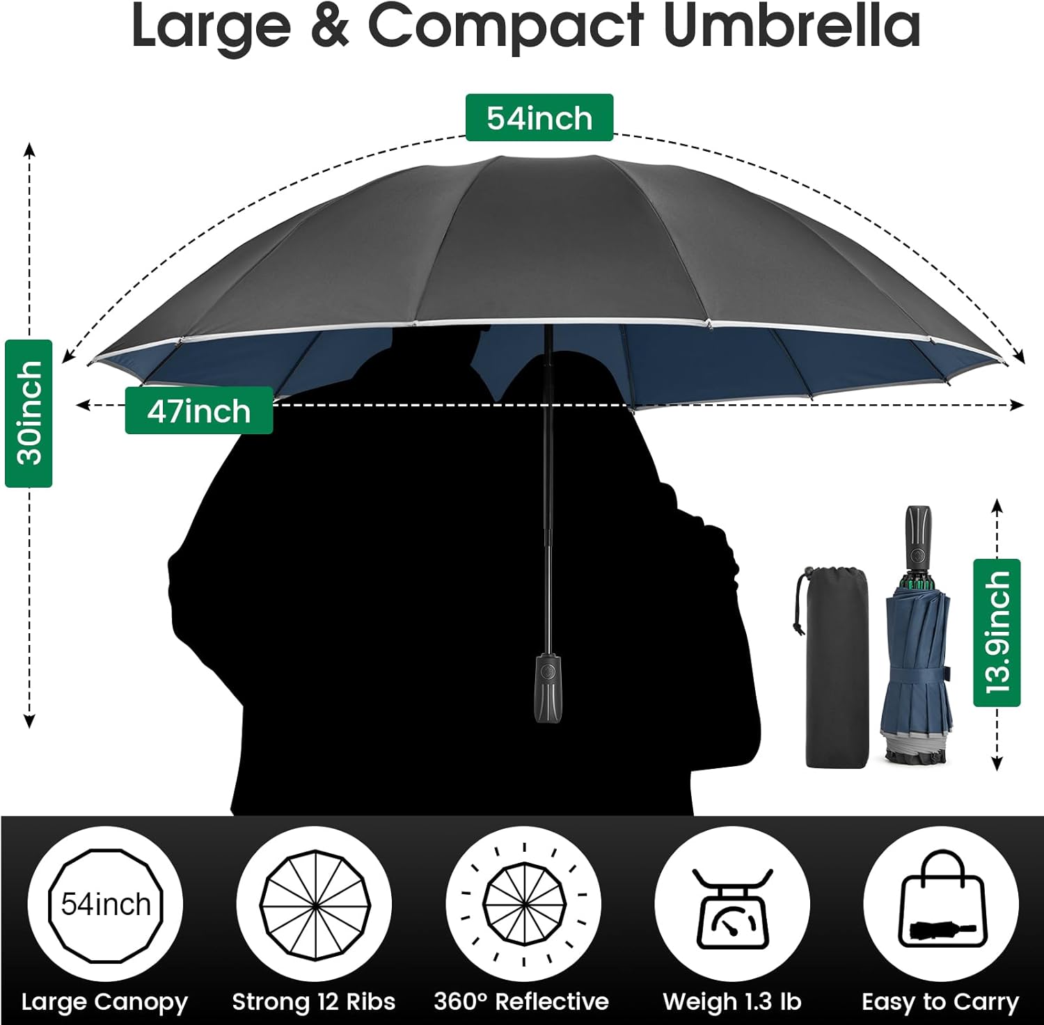 G4Free 54 Inch Double Layer Inverted Umbrella with Reflective Strips