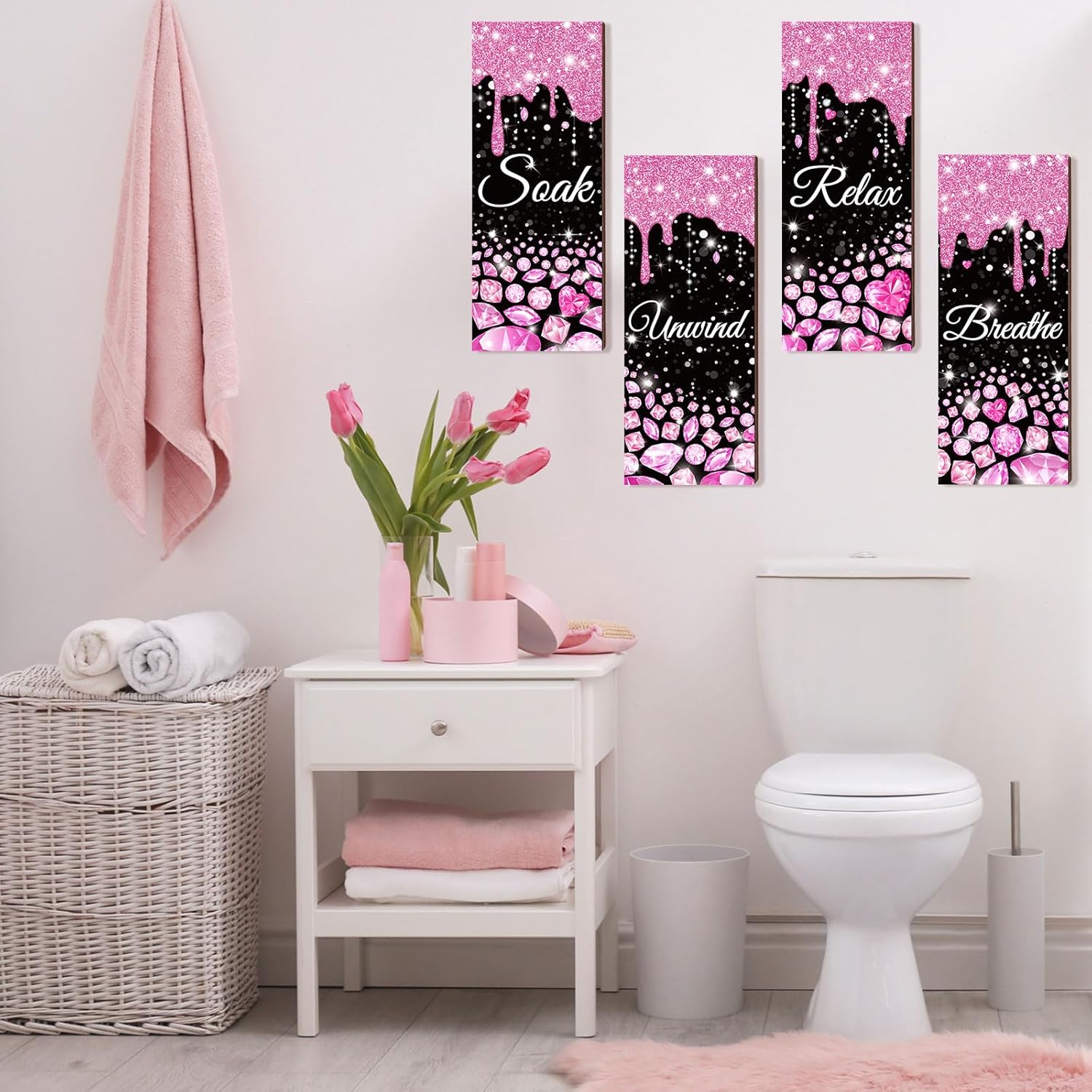 Sivak 4 Pcs Glitter Diamond Pink Black Wall Decor Signs