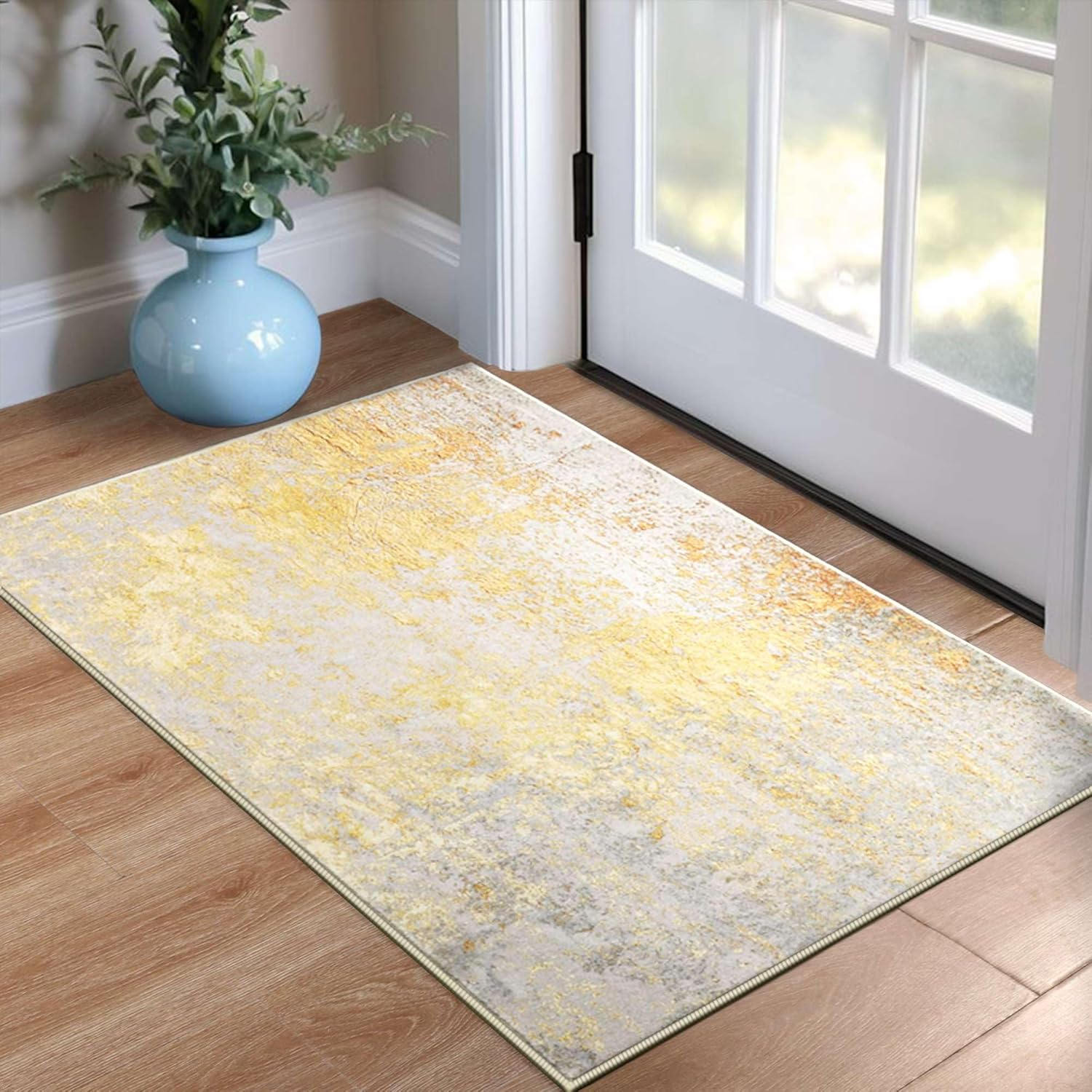 Ompaa 2x3 Entry Rugs Beige and Gold Washable Abstract Area Rug