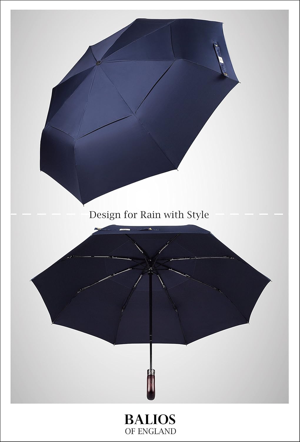 Balios Travel Folding Umbrella with Real Wood Handle