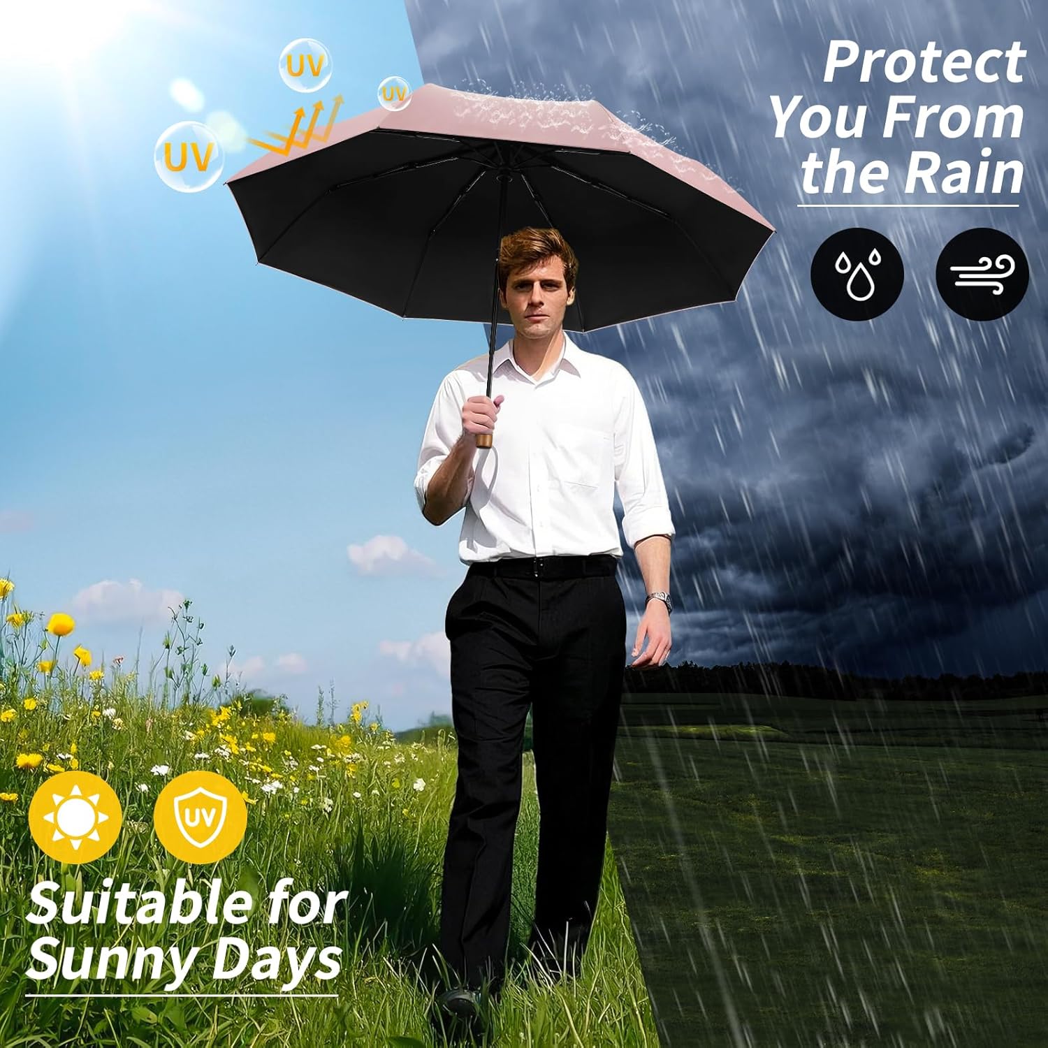 Yoobure Windproof Travel Umbrella with Wooden Handle