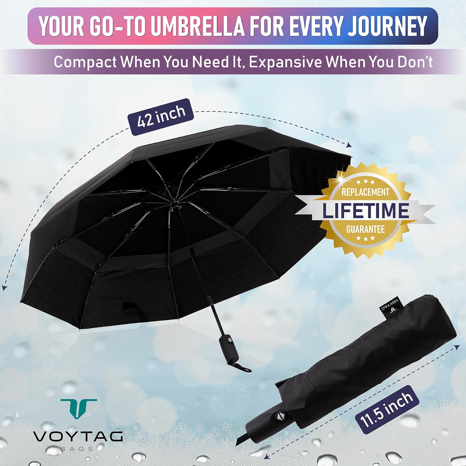 VOYTAG Travel Umbrella - Windproof Compact Automatic