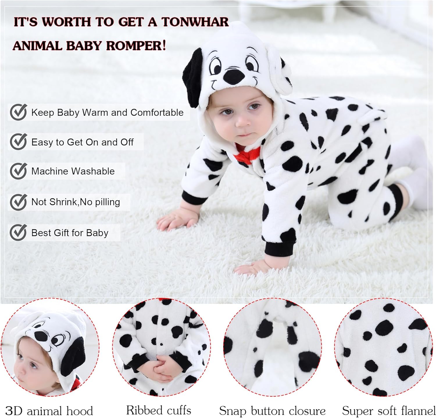 TONWHAR Winter Hooded Romper for Babies and Toddlers