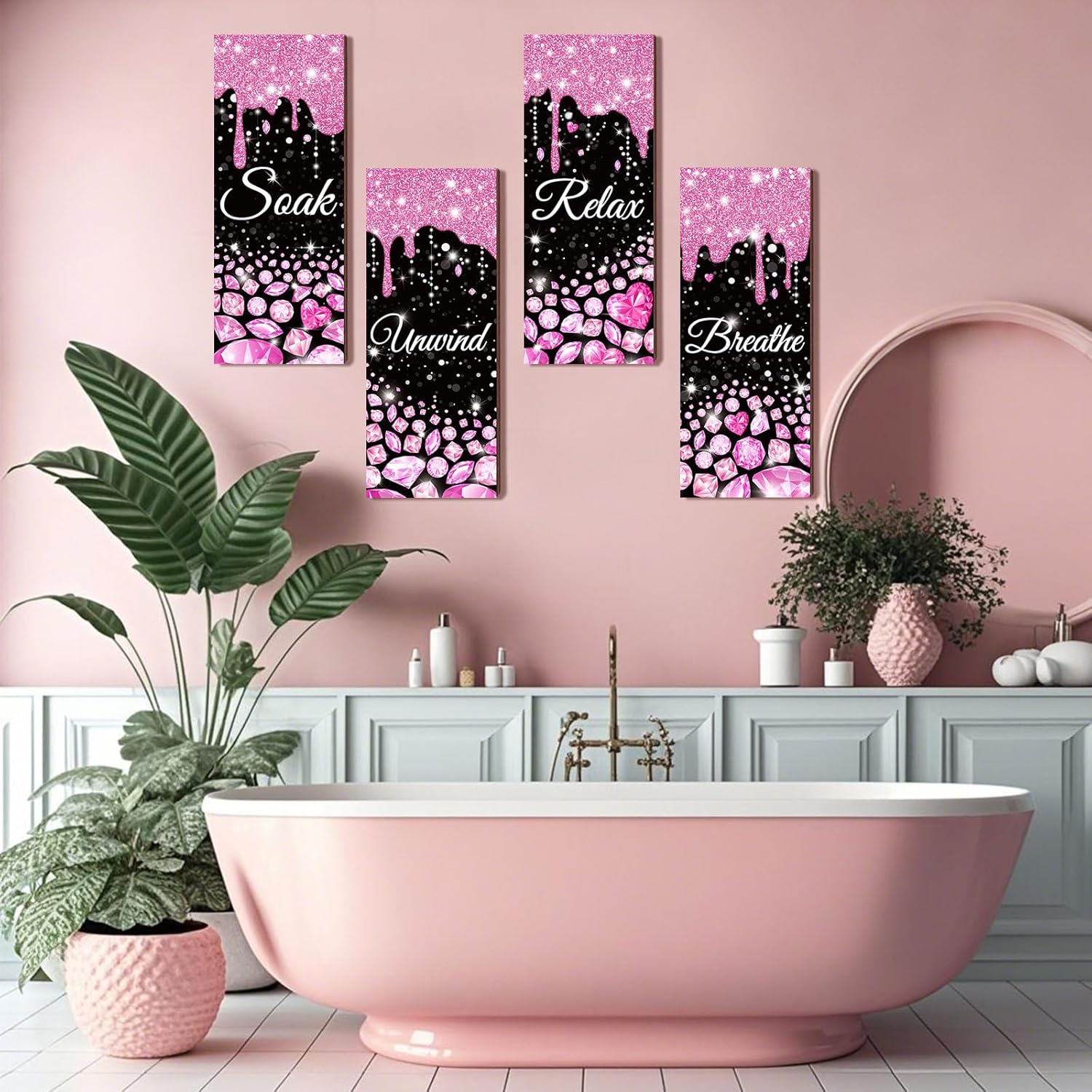 Sivak 4 Pcs Glitter Diamond Pink Black Wall Decor Signs