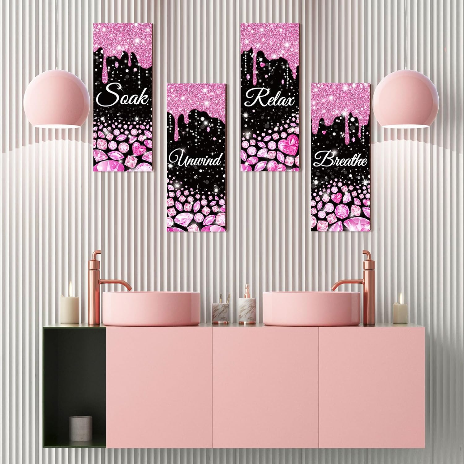 Sivak 4 Pcs Glitter Diamond Pink Black Wall Decor Signs