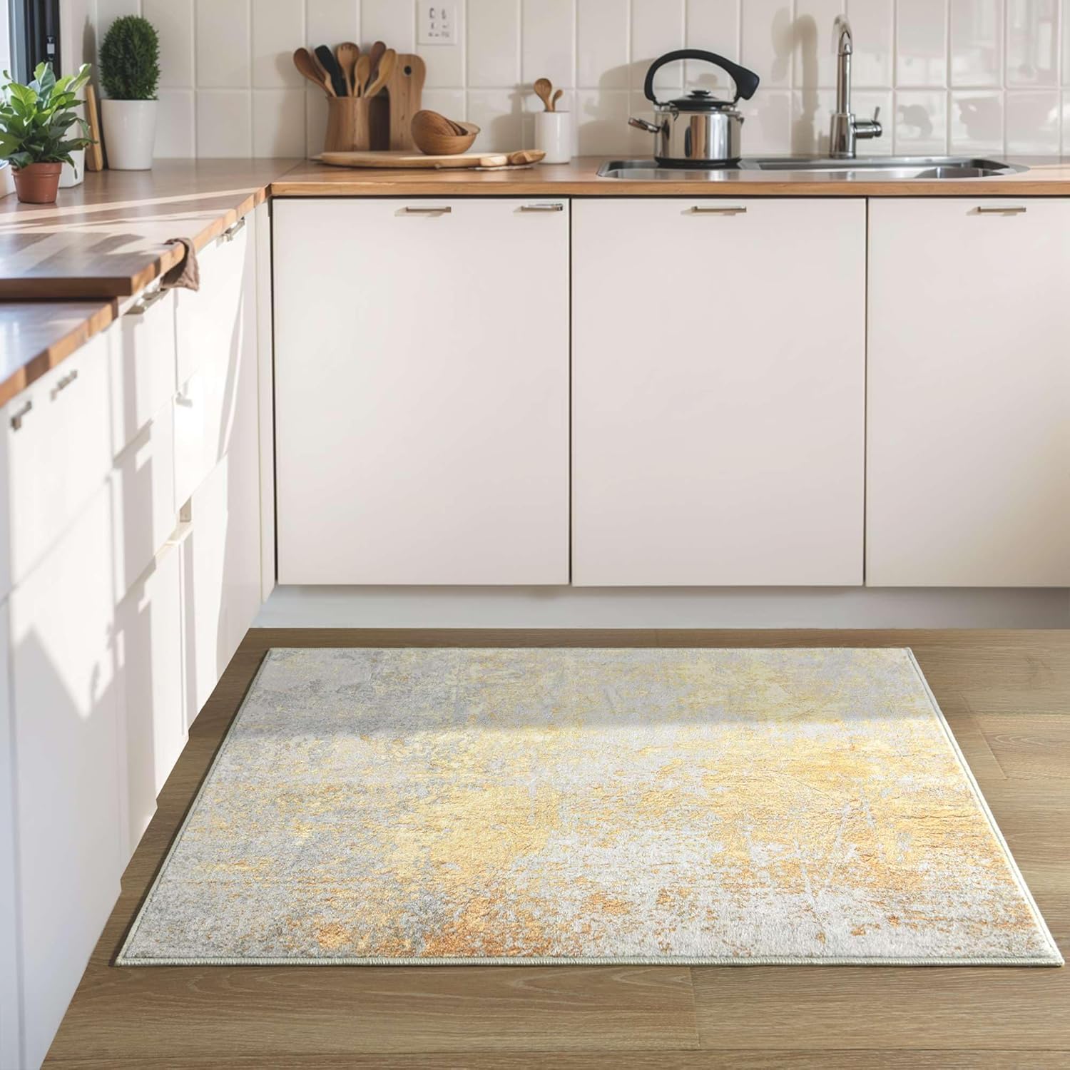 Ompaa 2x3 Entry Rugs Beige and Gold Washable Abstract Area Rug