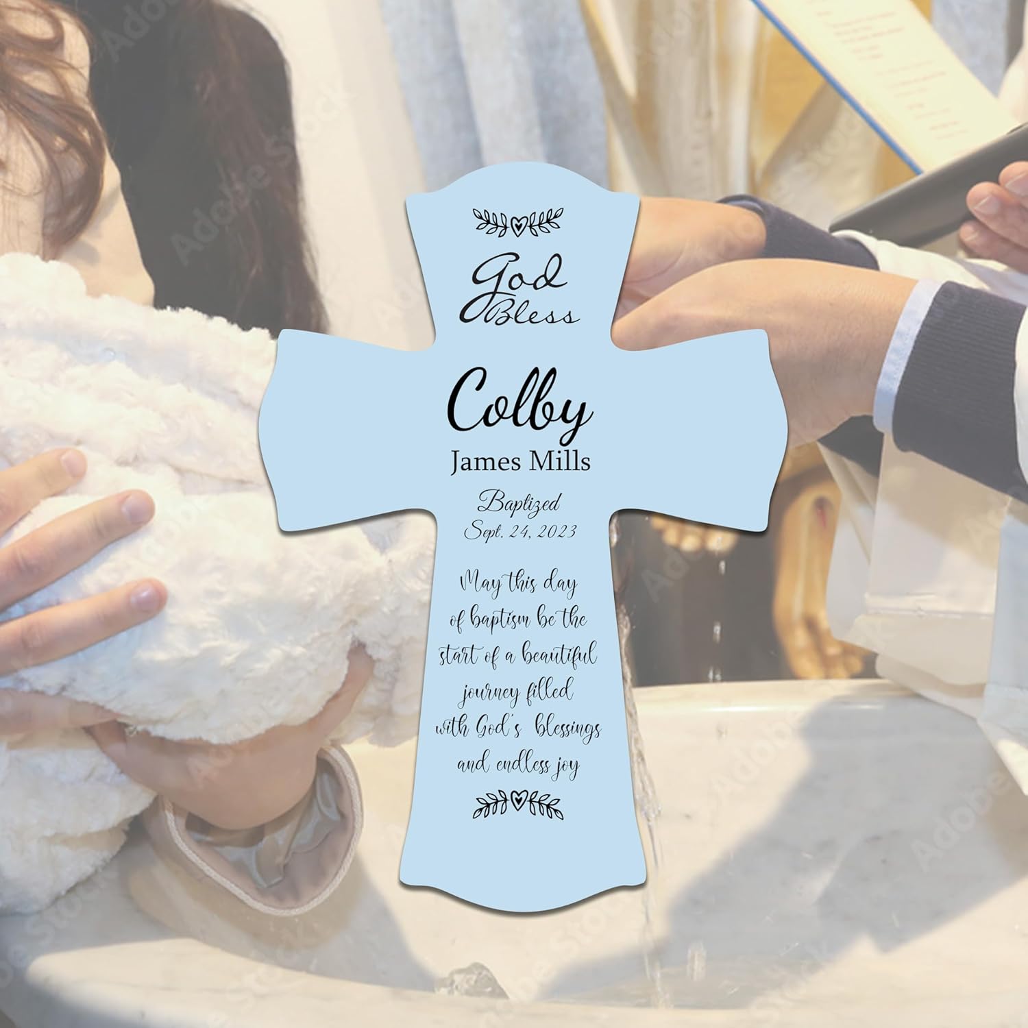 Personalized Cross Baptism 1st Holy Communion Wall Display Large 85x11 Baby Blue