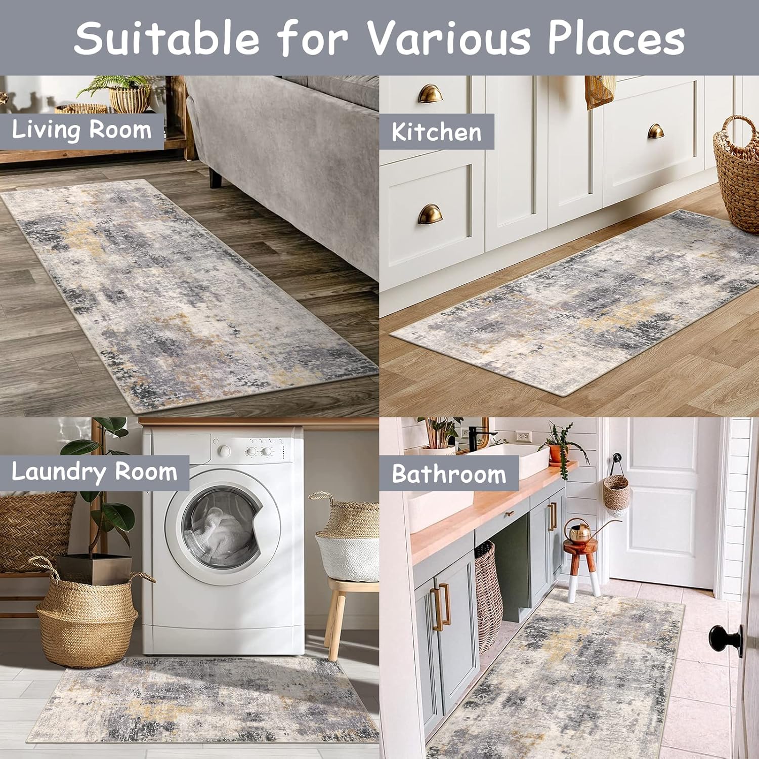 Lahome Modern Abstract Gray Area Rug for Bathroom and Entryway