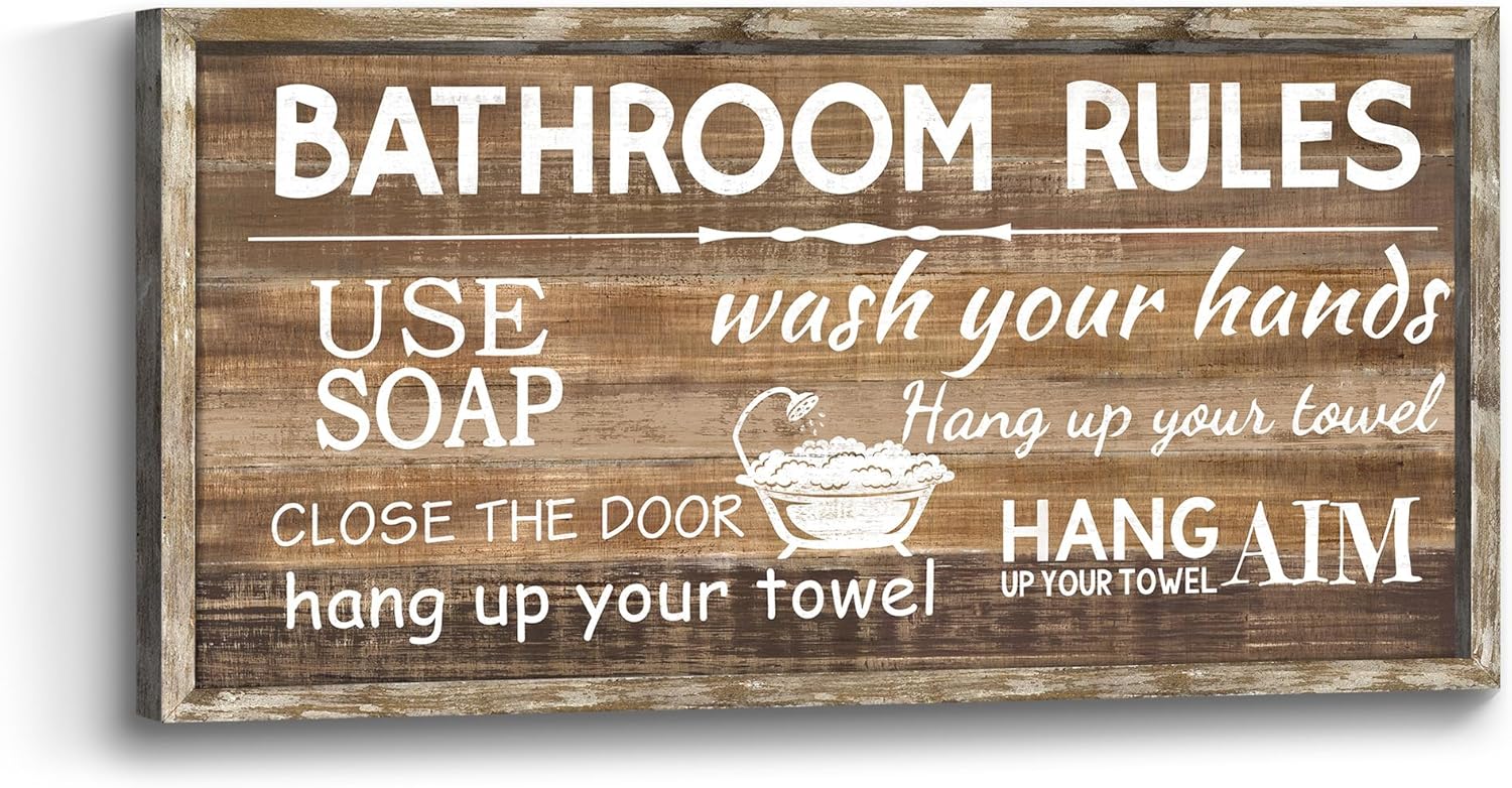 Bathroom Rules Wall Art Framed Decor 24x12 Inches