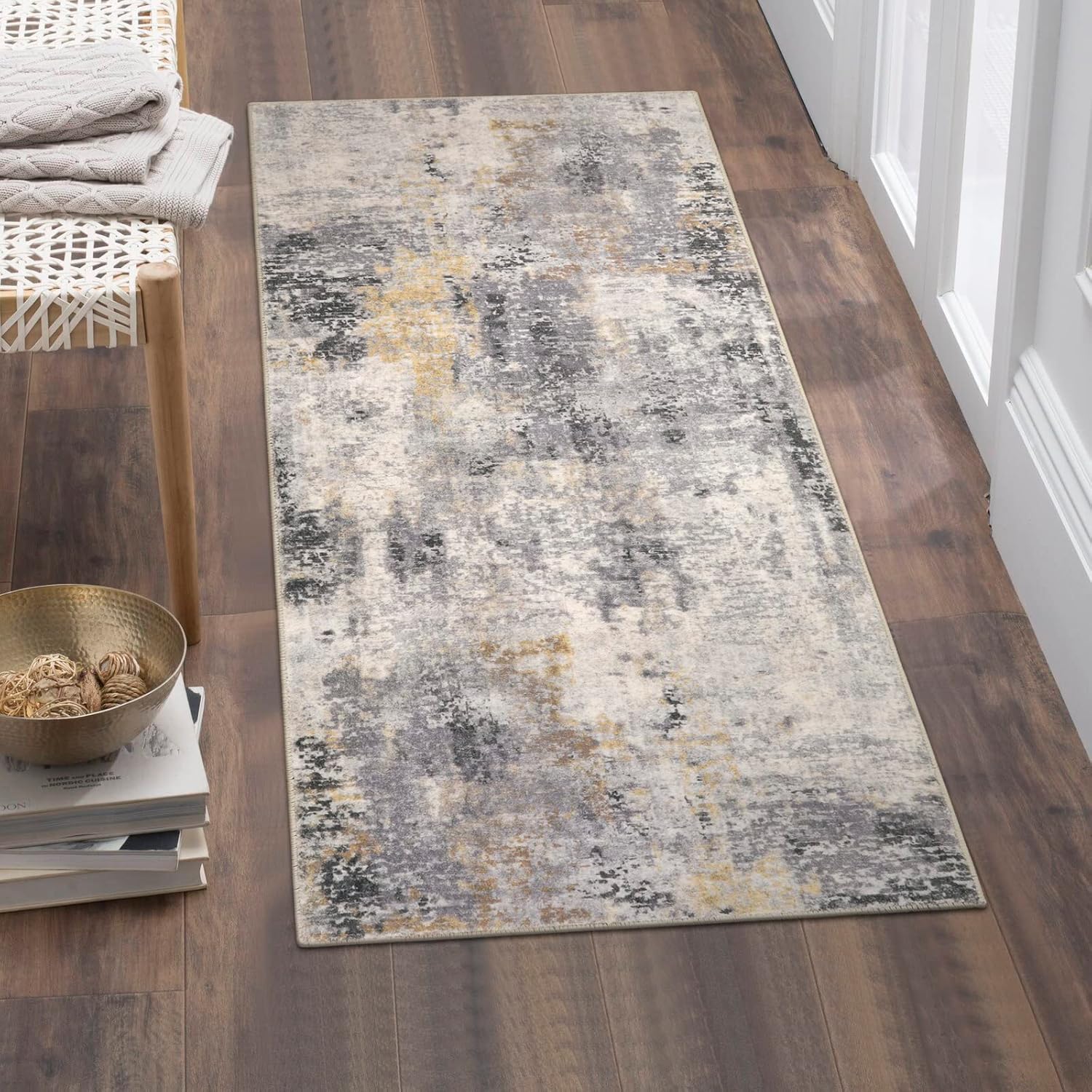 Lahome Modern Abstract Gray Area Rug for Bathroom and Entryway