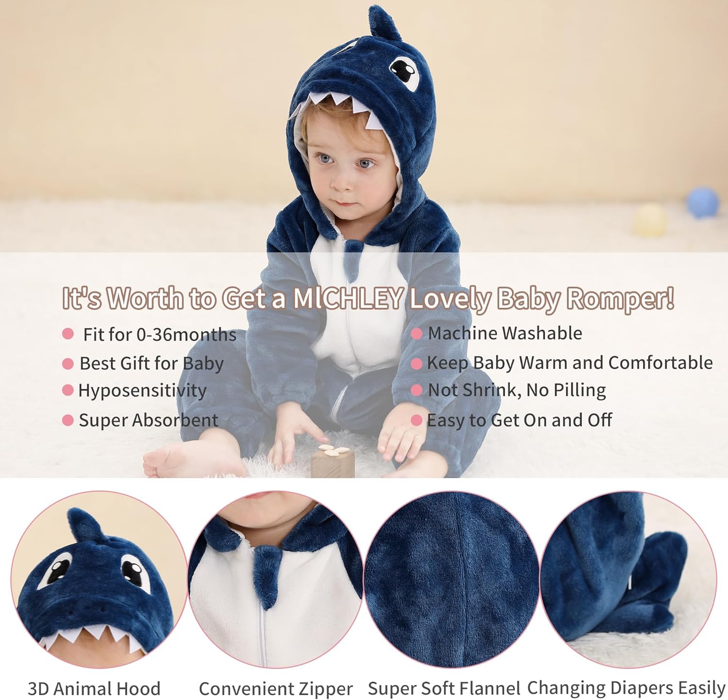 MICHLEY Baby Hooded Romper Animal Costume for Halloween 2-36 Months