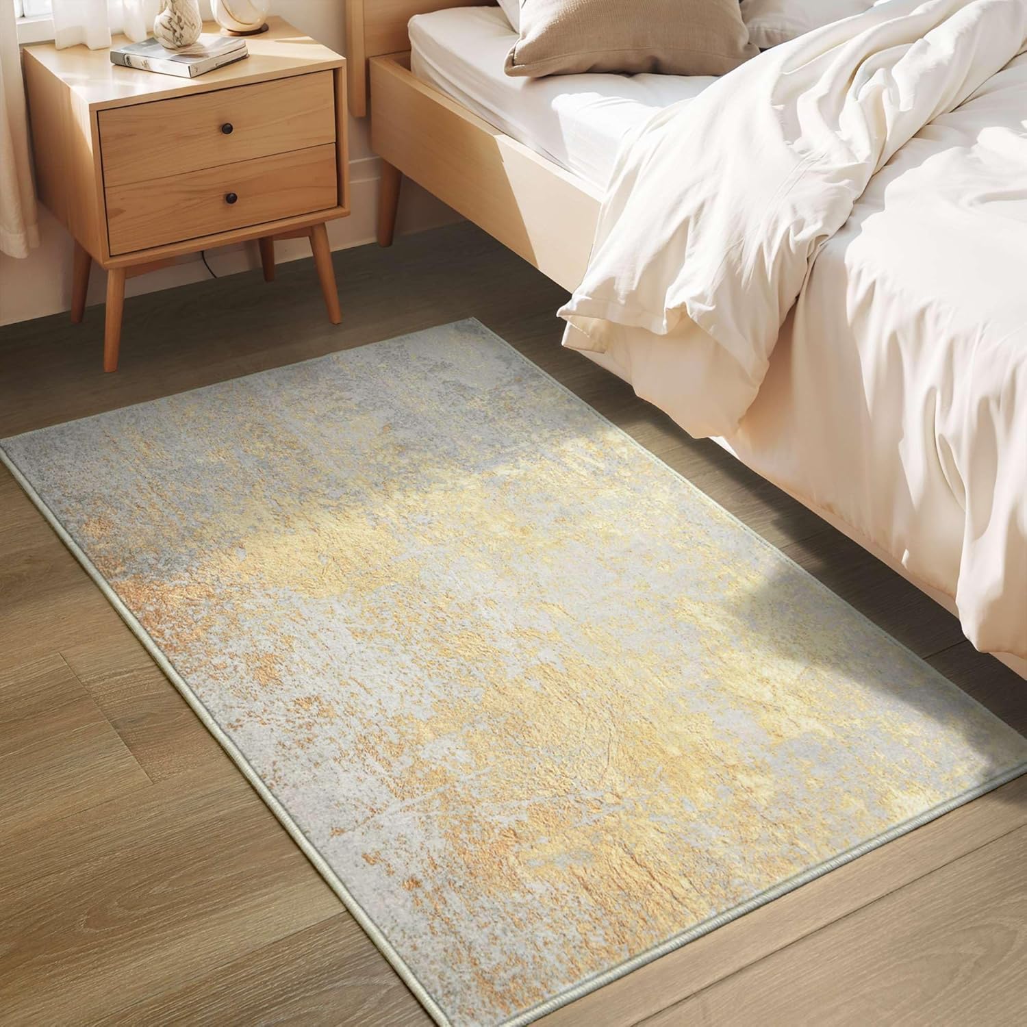Ompaa 2x3 Entry Rugs Beige and Gold Washable Abstract Area Rug