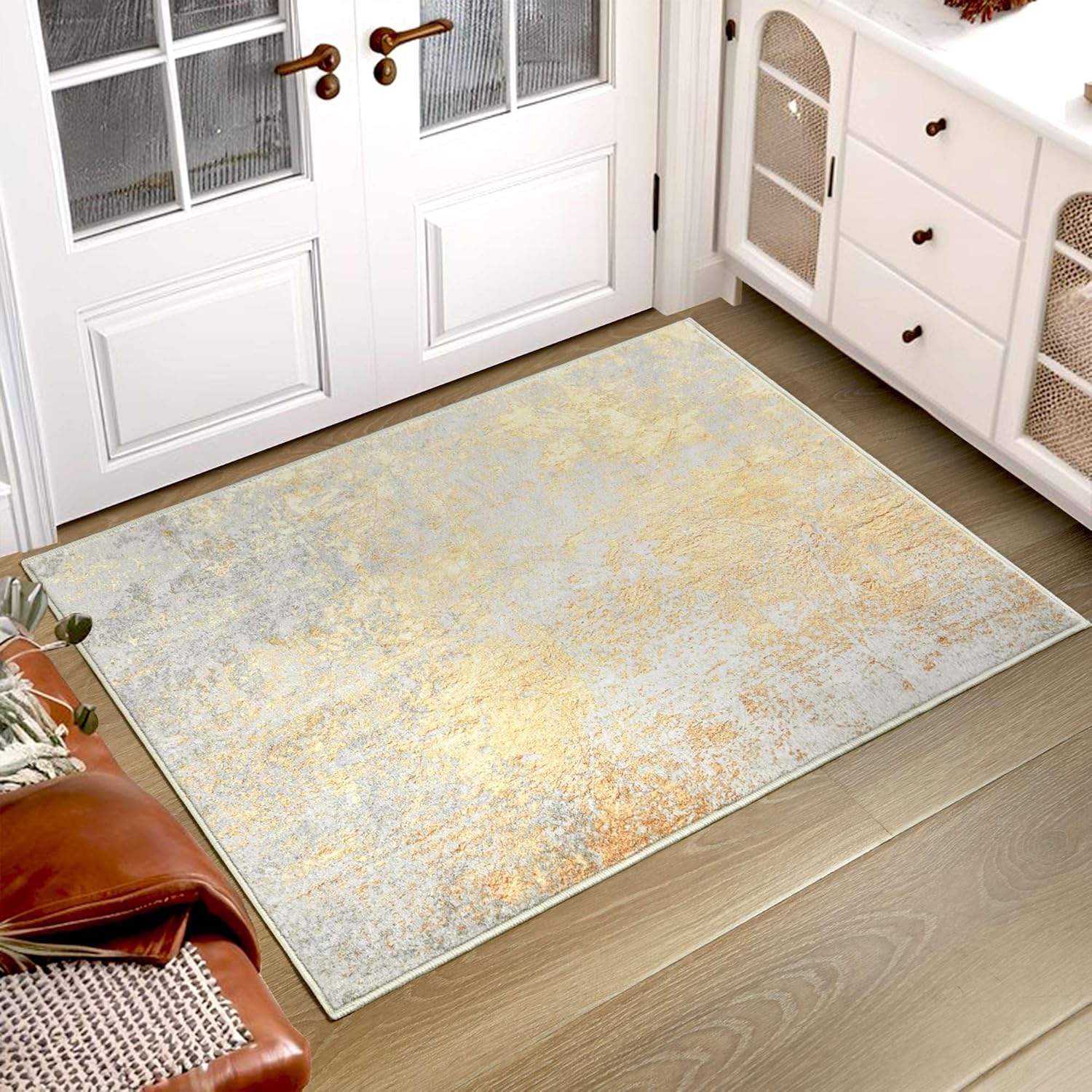 Ompaa 2x3 Entry Rugs Beige and Gold Washable Abstract Area Rug