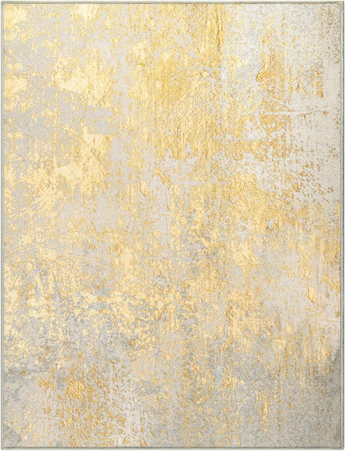 Ompaa 2x3 Entry Rugs Beige and Gold Washable Abstract Area Rug
