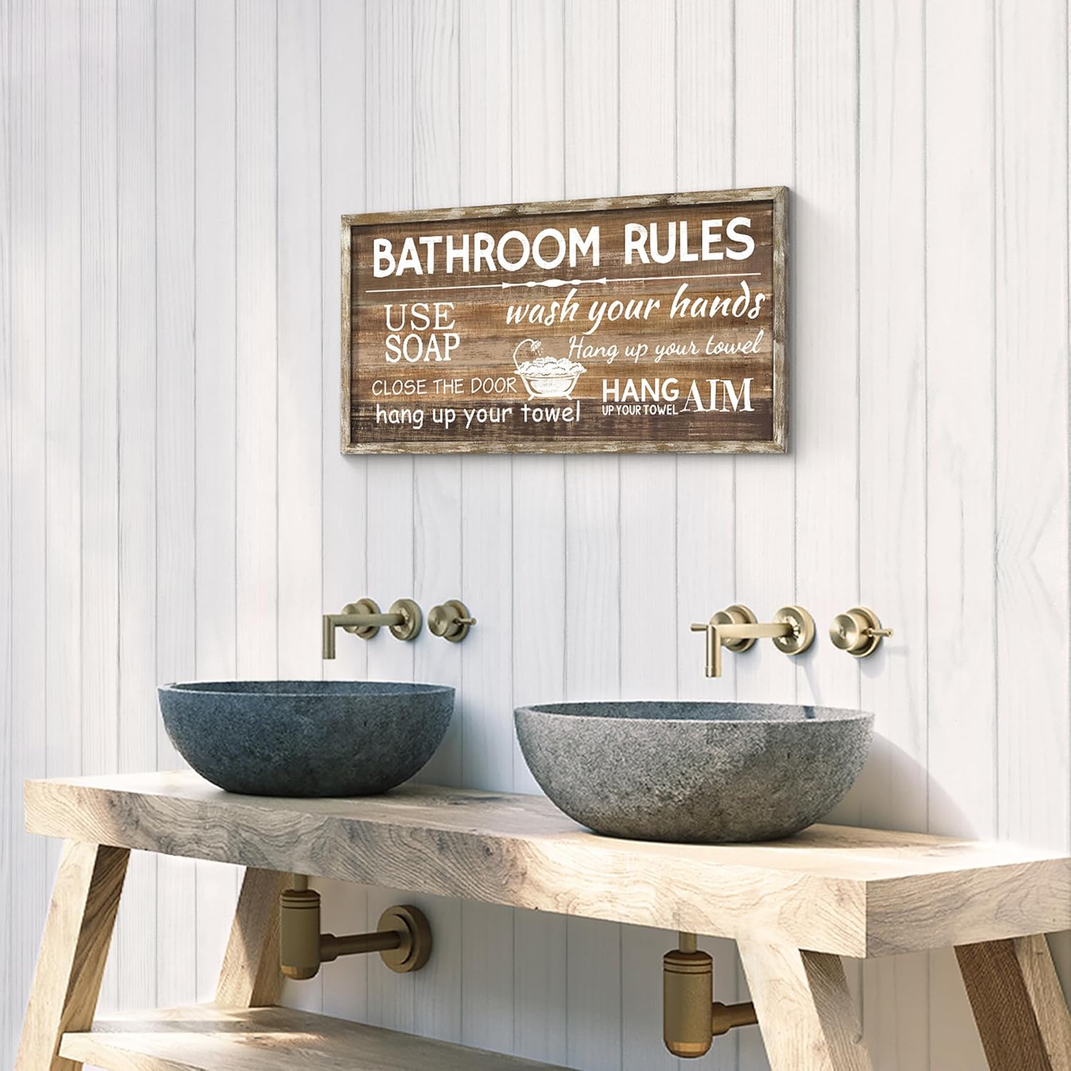 Bathroom Rules Wall Art Framed Decor 24x12 Inches