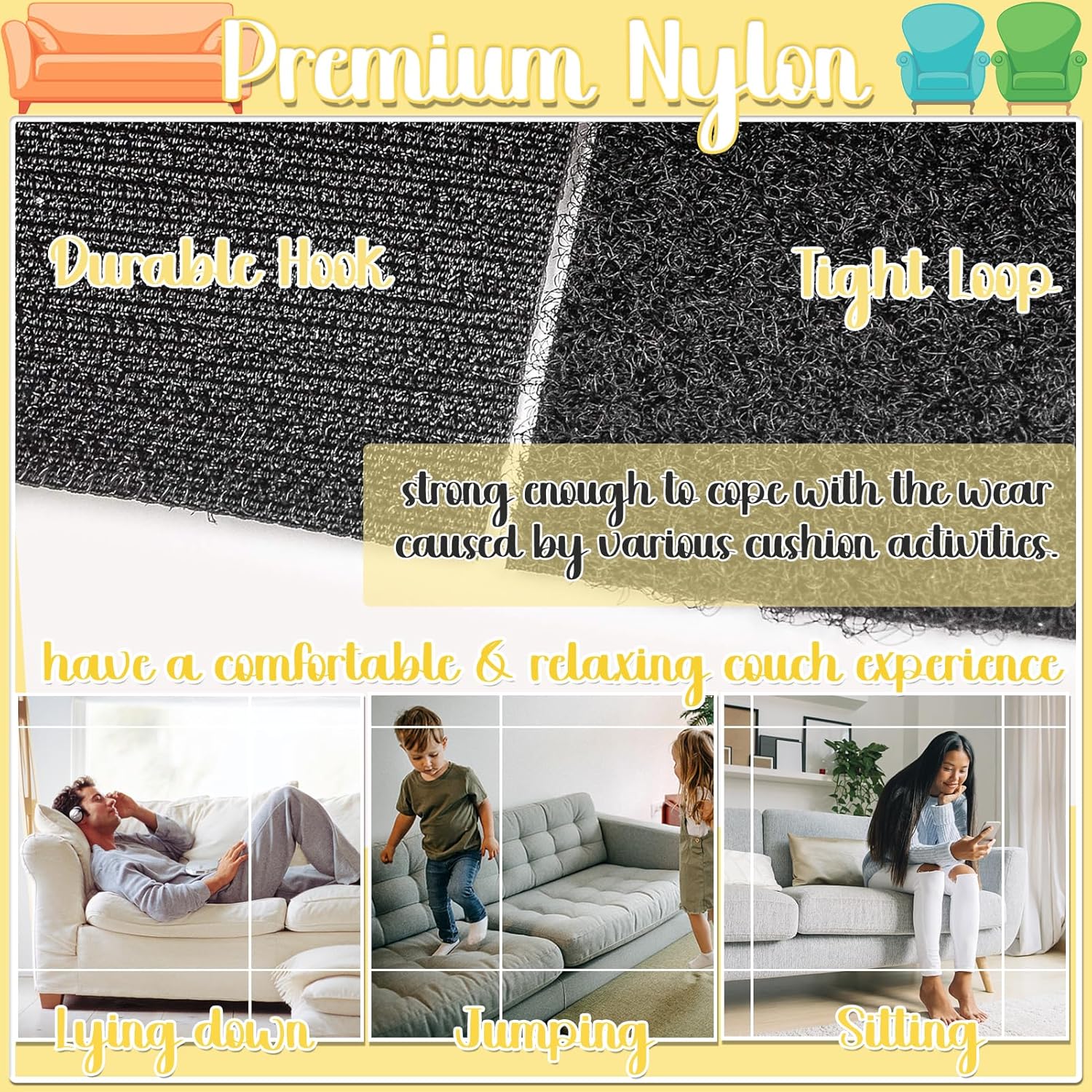 TEUVO 6 Wide Non-Slip Couch Cushion Pads
