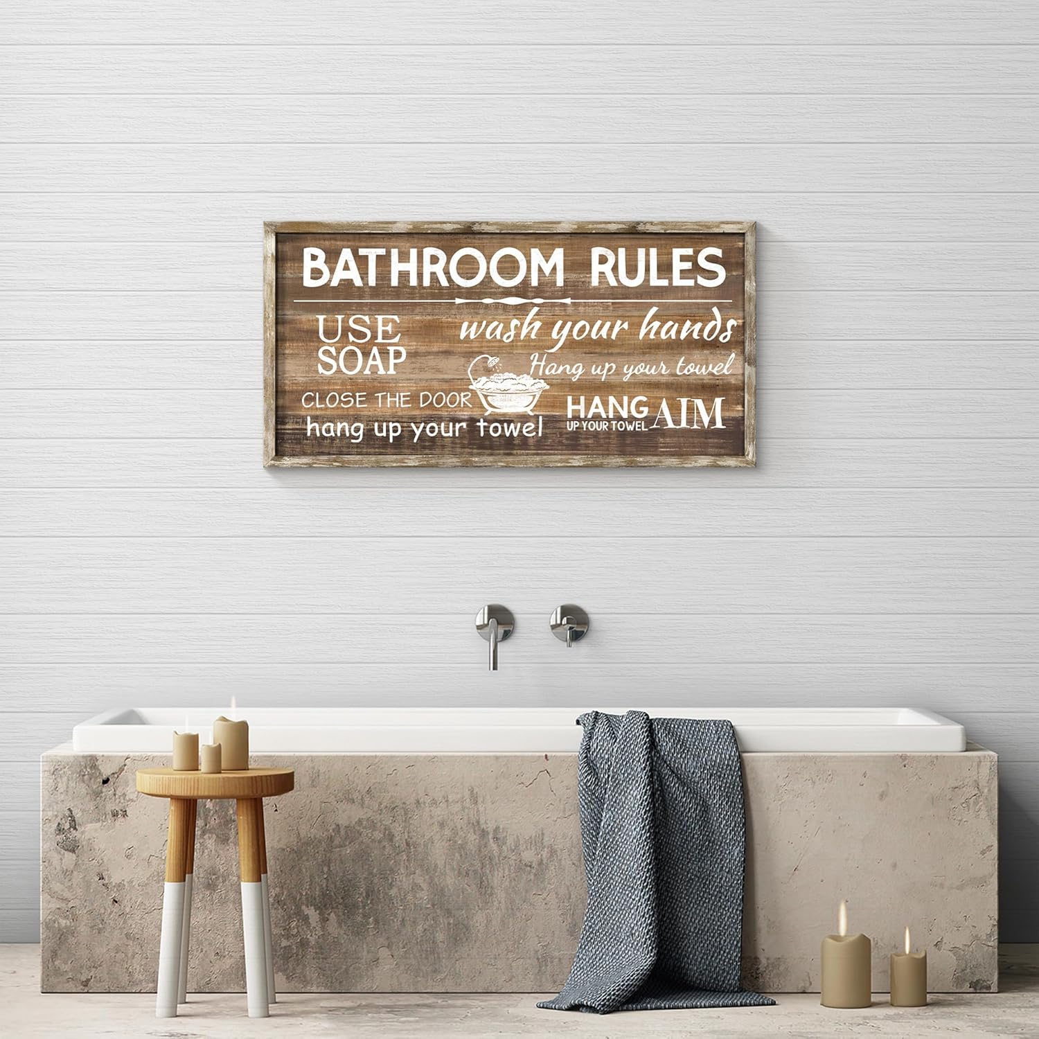 Bathroom Rules Wall Art Framed Decor 24x12 Inches
