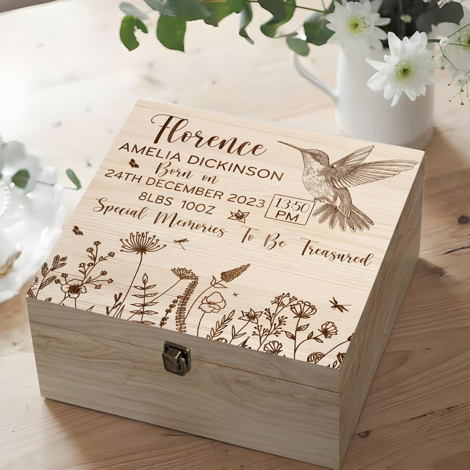 Personalized Baby Memory Box with Humming Bird Design 1