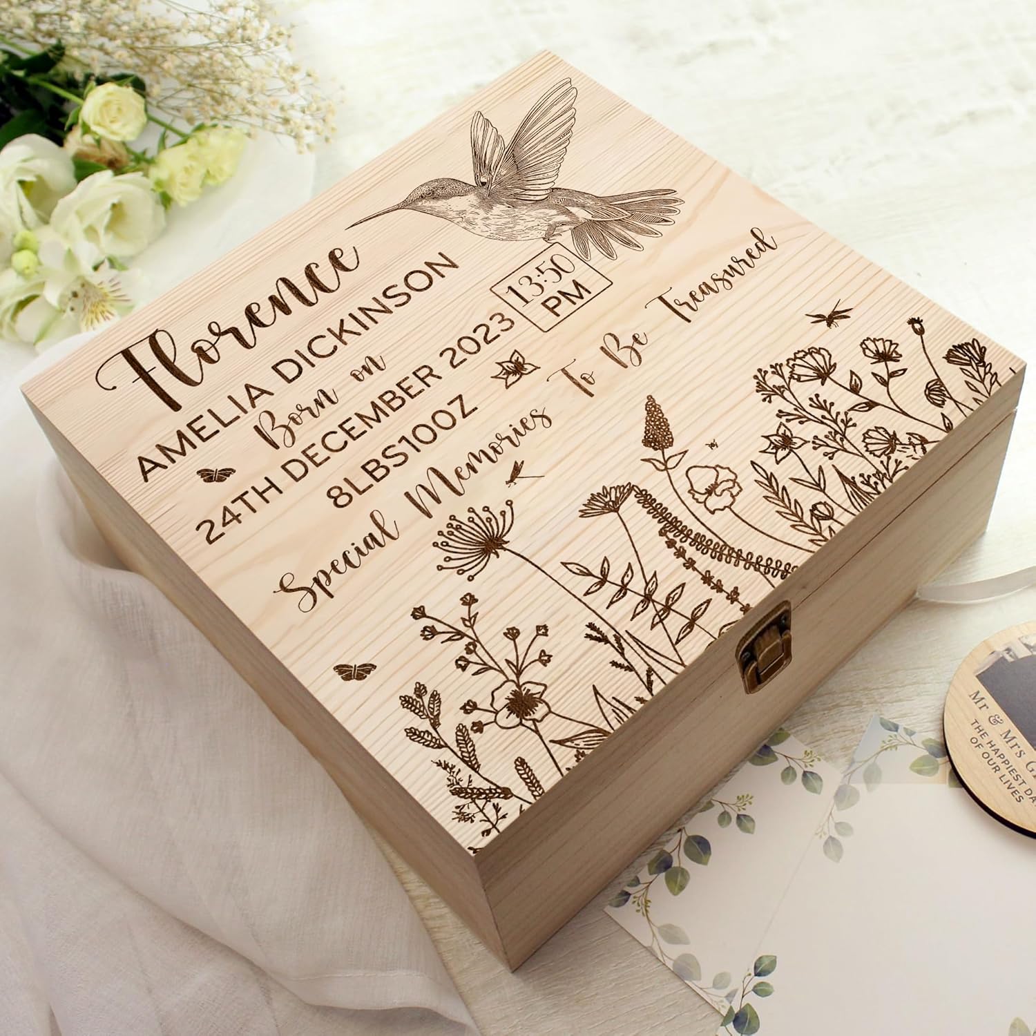 Personalized Baby Memory Box with Humming Bird Design 1
