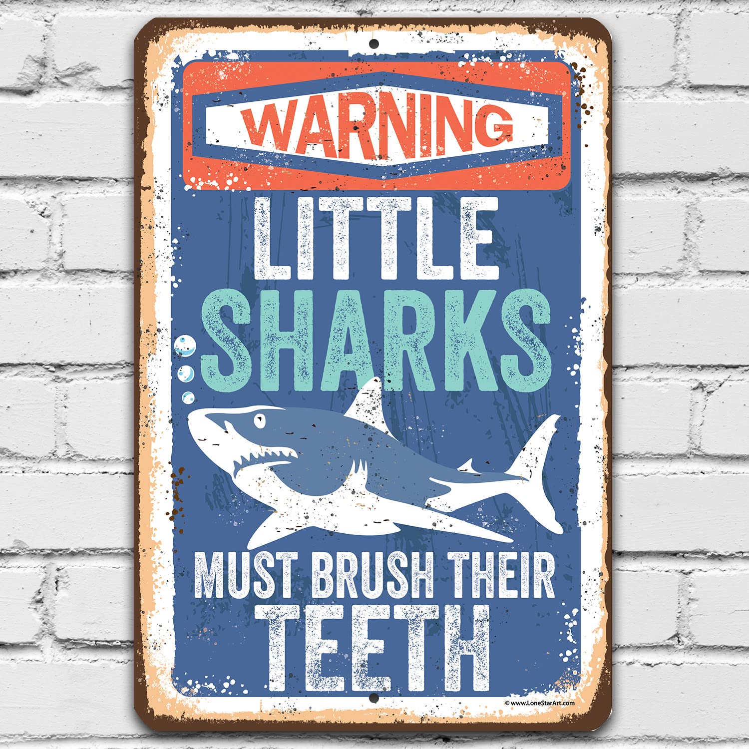 Little Sharks Brush Teeth Wall Art - Durable Rustic Metal Sign