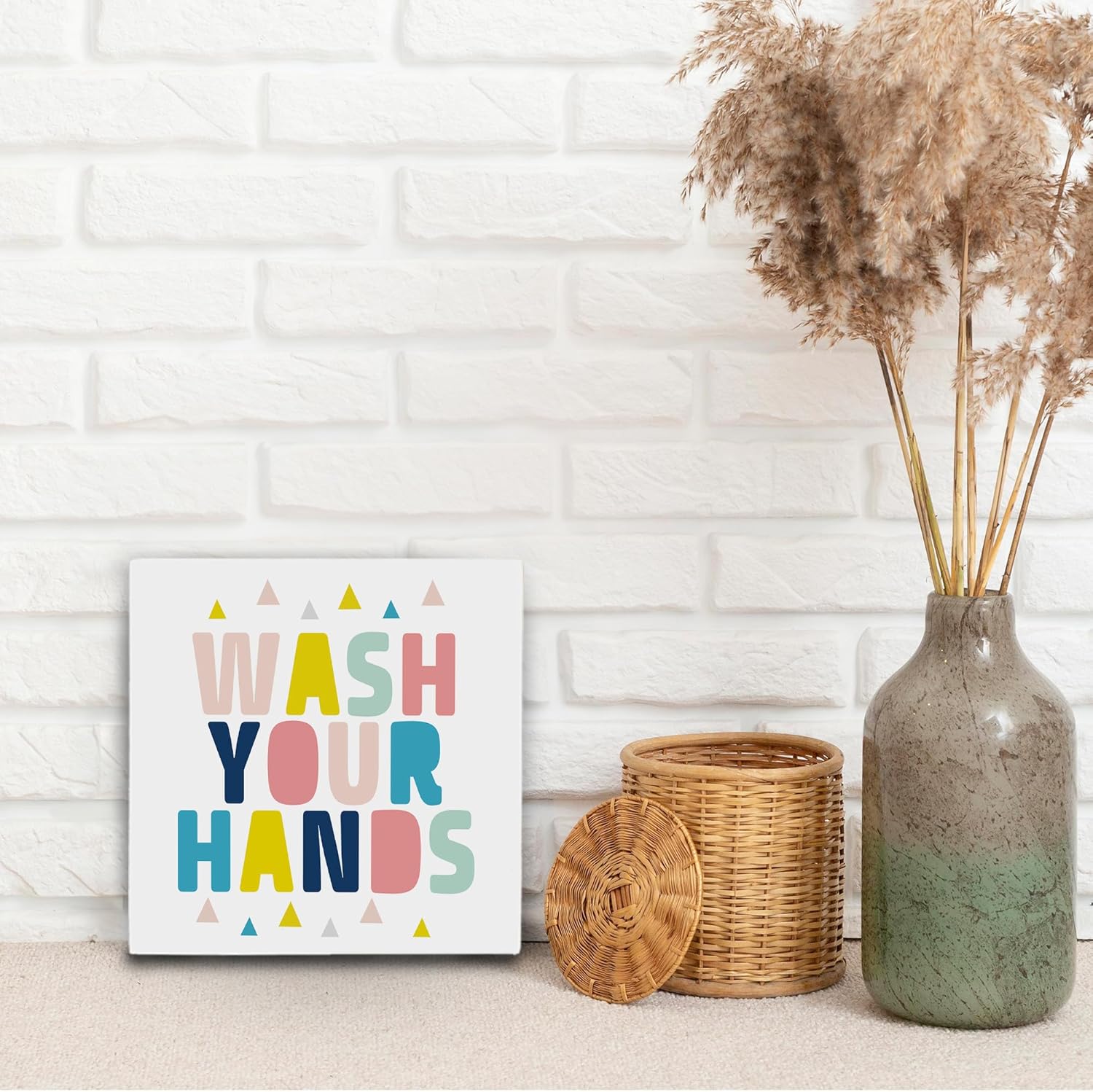 Wooden Hands Wash Sign for Kids Bathroom Decor 5x5