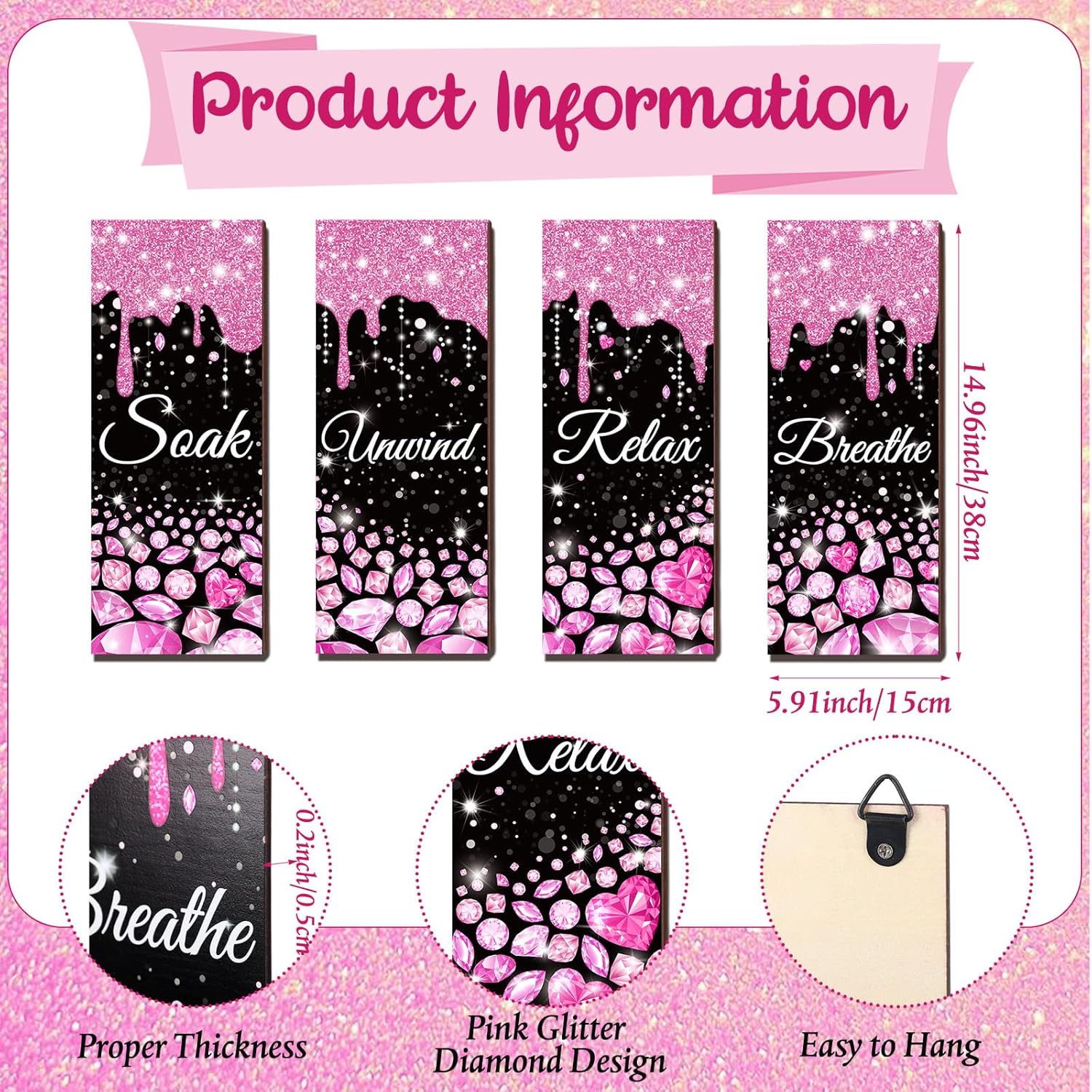 Sivak 4 Pcs Glitter Diamond Pink Black Wall Decor Signs