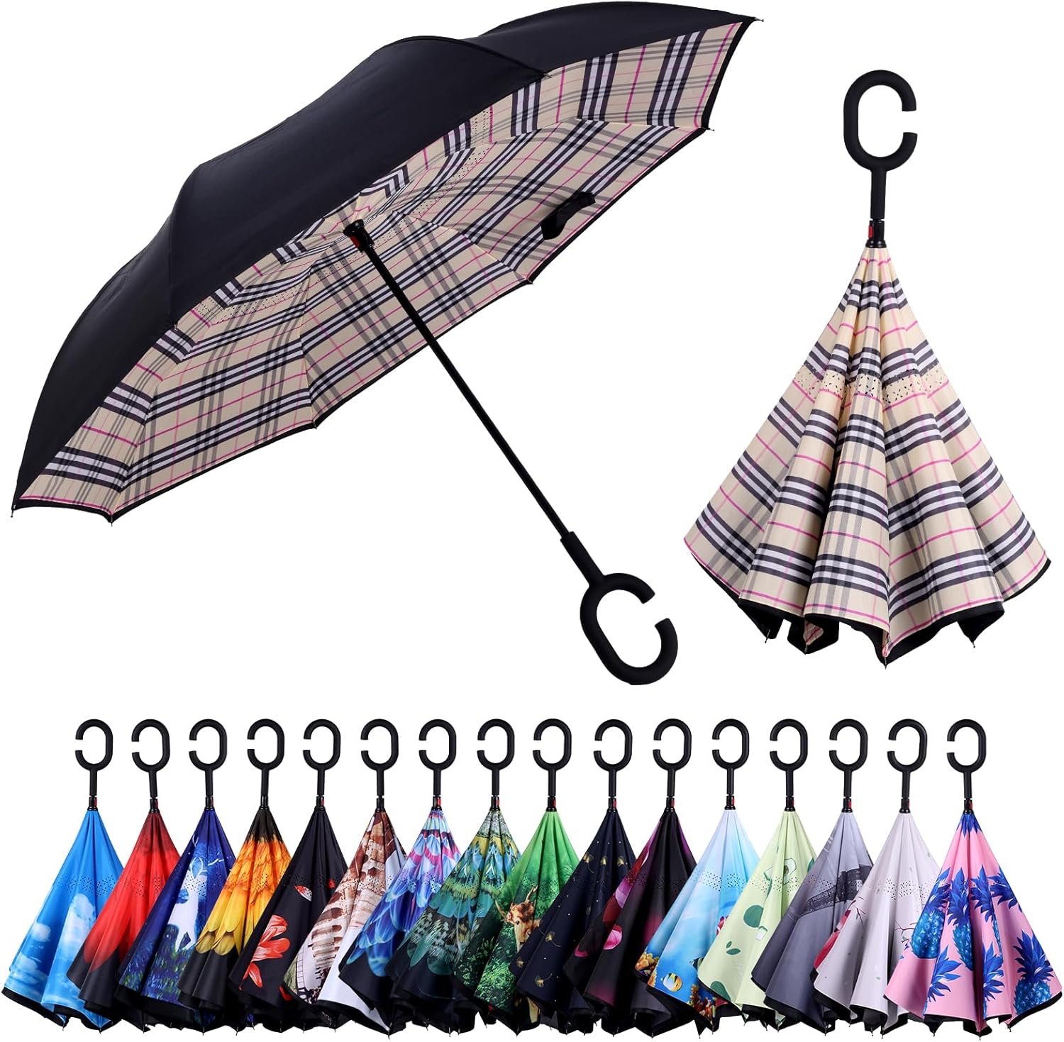 Inverted Reverse Umbrella with C-shaped Handle for Rain