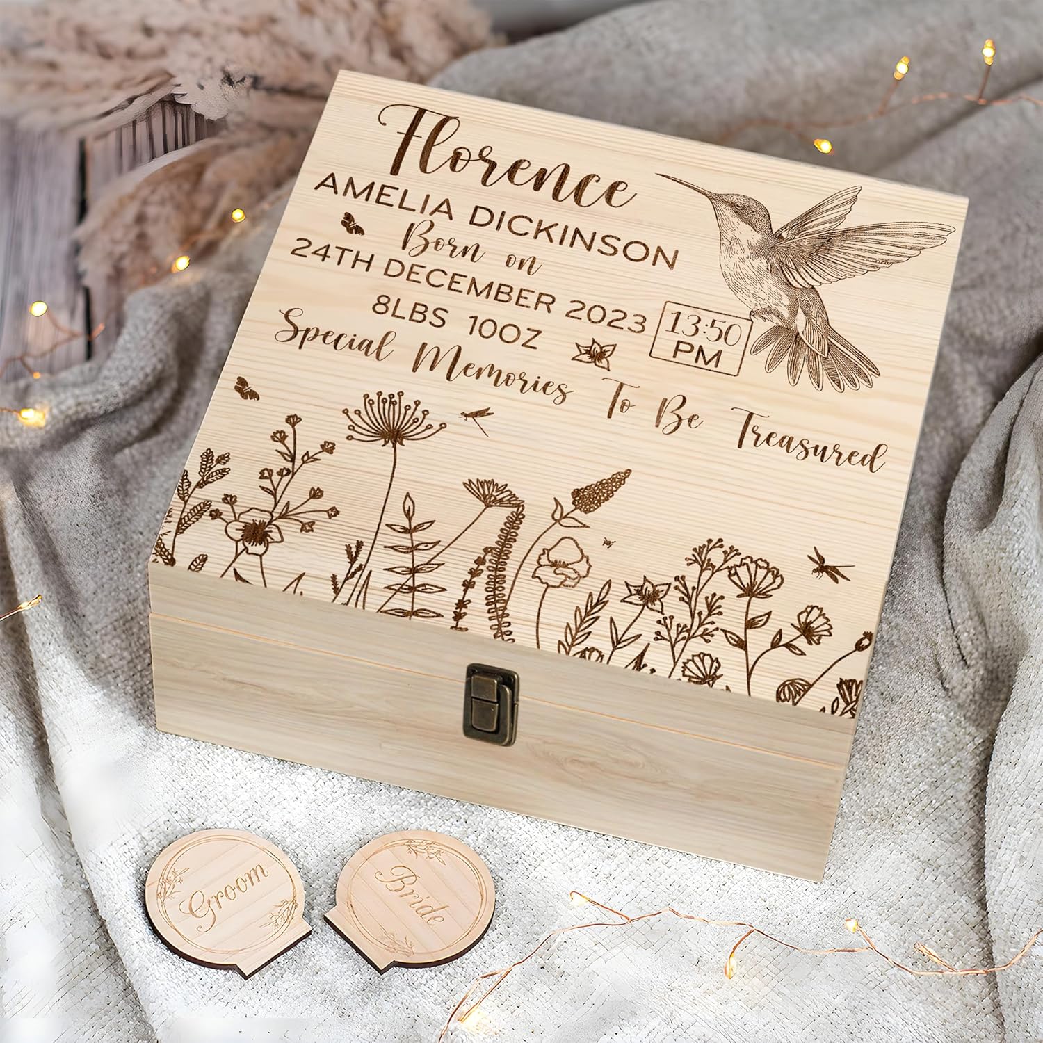 Personalized Baby Memory Box with Humming Bird Design 1