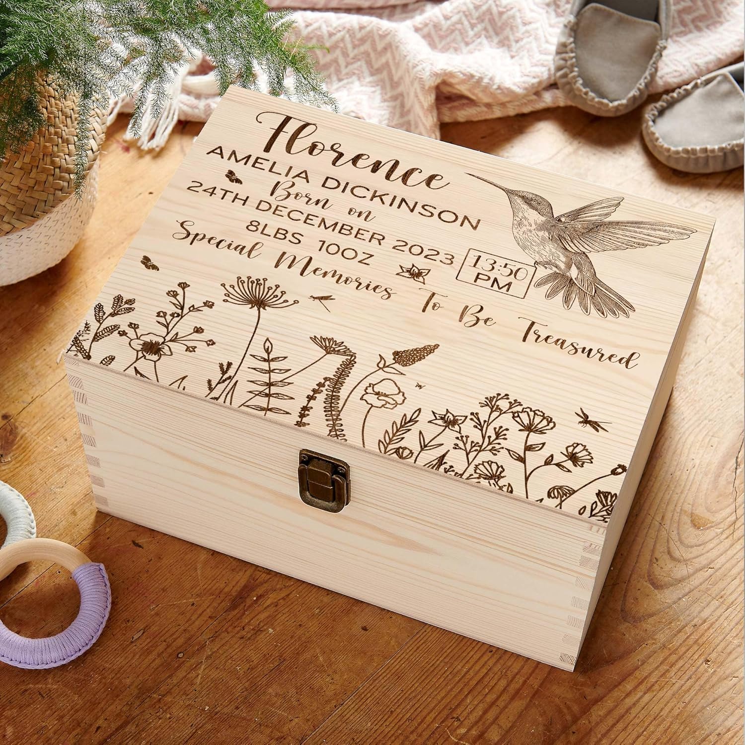 Personalized Baby Memory Box with Humming Bird Design 1