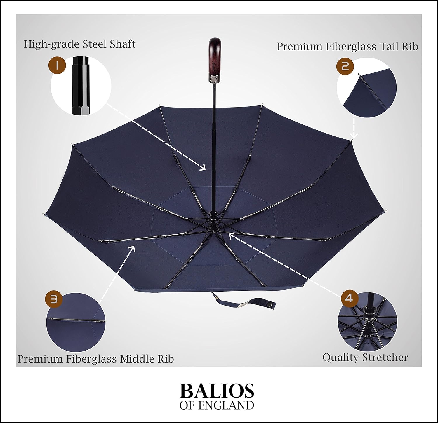 Balios Travel Folding Umbrella with Real Wood Handle