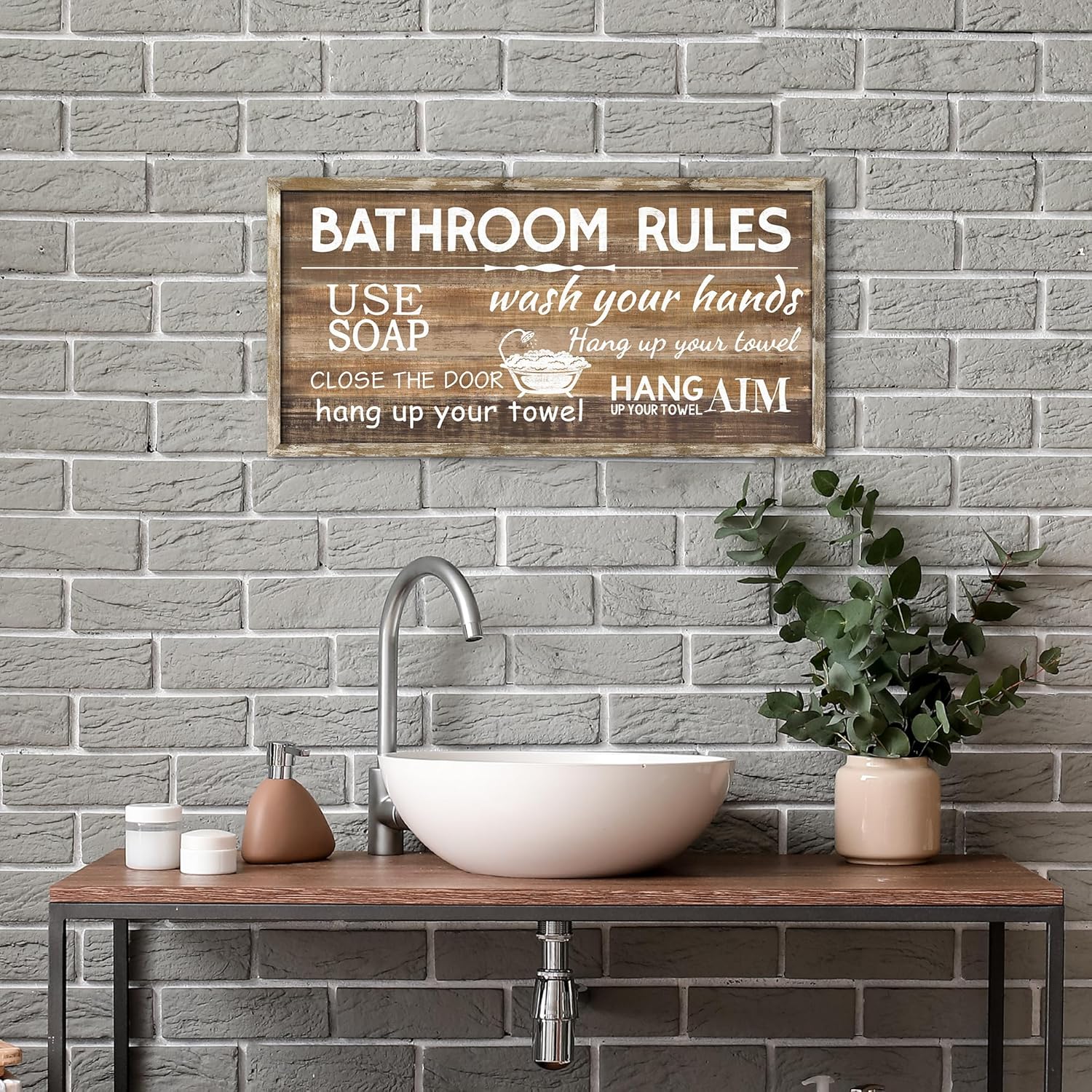 Bathroom Rules Wall Art Framed Decor 24x12 Inches